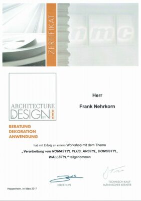 Zertifikat Architecture-Design Malermeister Frank Nehrkorn Bad Gandersheim