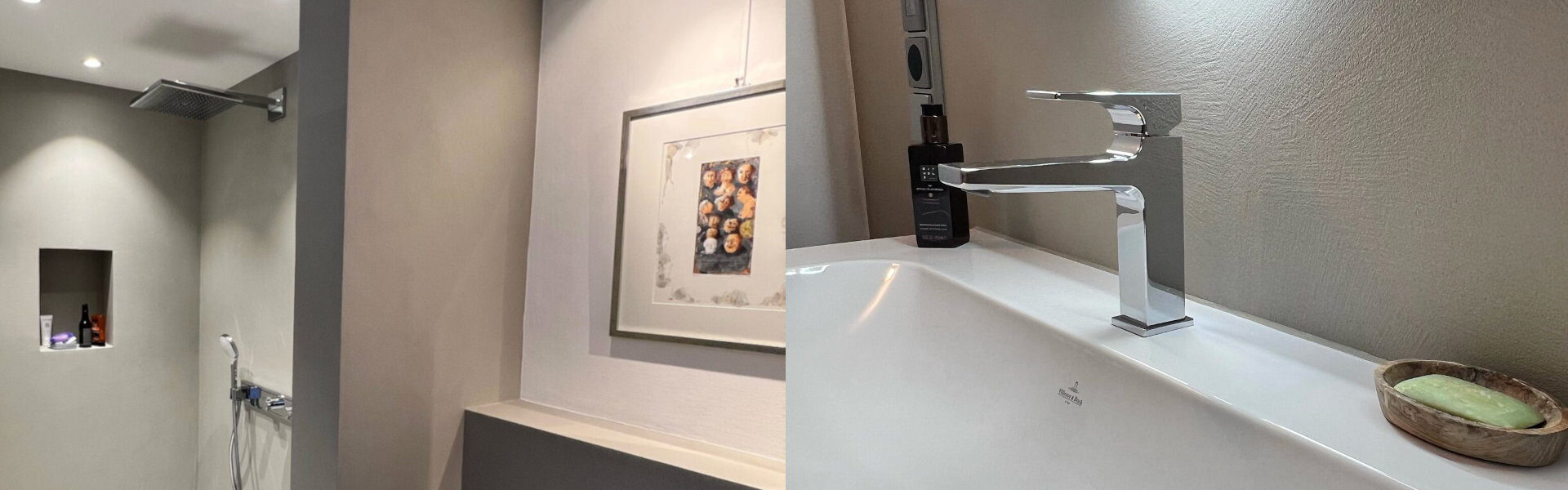 Fugenlose Bäder, Detailaufnahmen Dusche und Waschbecken-Bereich